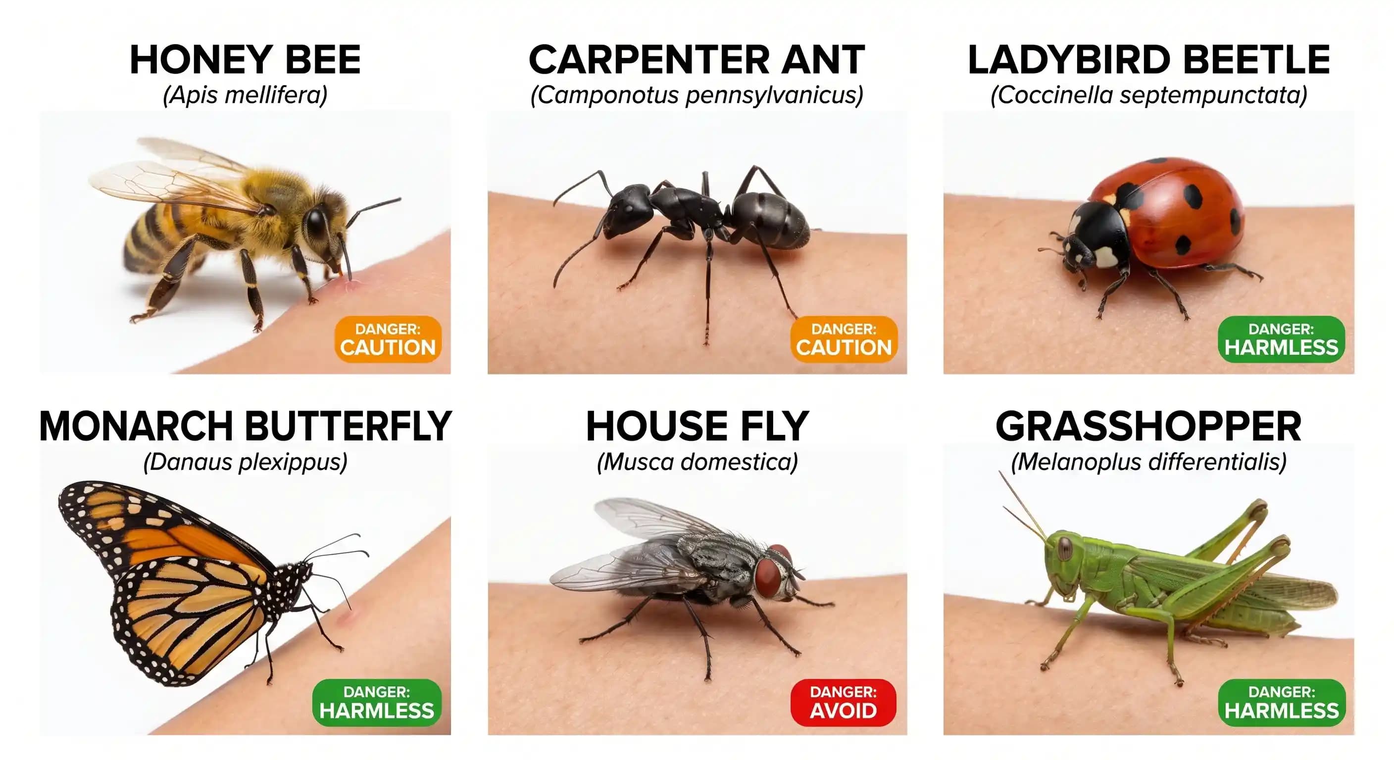 Six common insects identified on skin — honey bee, carpenter ant, ladybird beetle, monarch butterfly, house fly, and grasshopper, each labeled with a harmless, caution, or avoid danger rating
