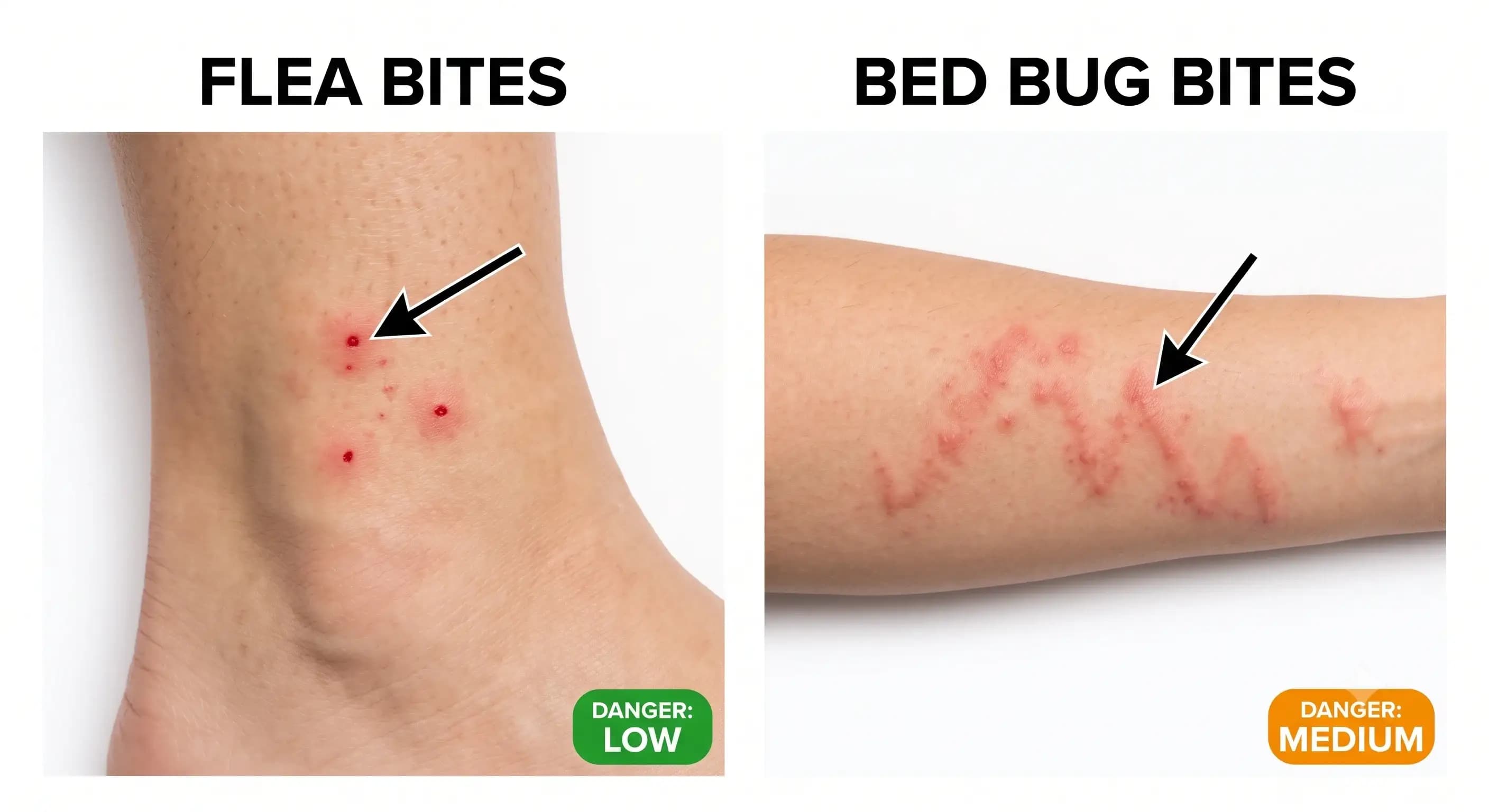 Flea bites versus bed bug bites compared — flea bites show a cluster of red puncture dots on the ankle, bed bug bites show a red zigzag line on the forearm