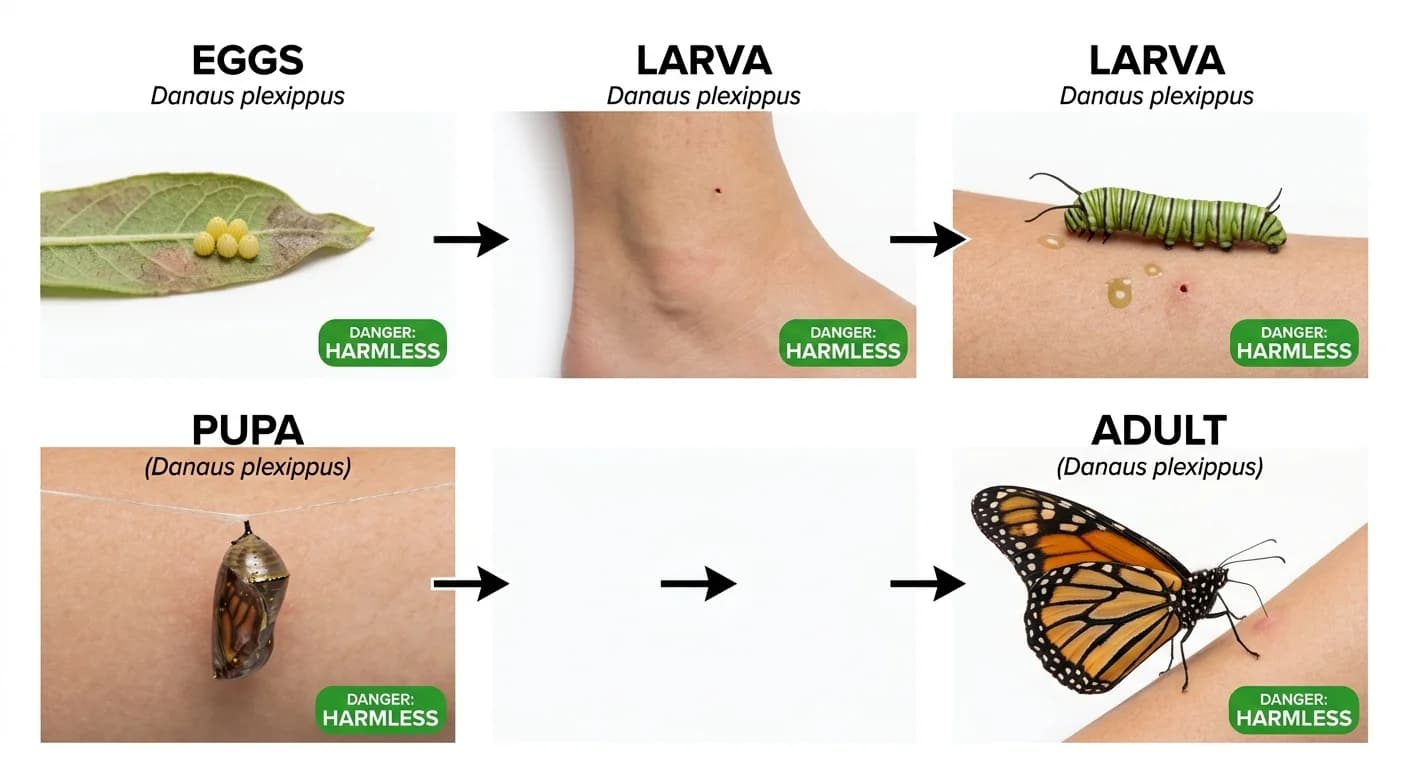Monarch butterfly life cycle stages shown on skin — eggs on a leaf, larva, caterpillar larva, pupa in a chrysalis, and adult monarch butterfly, each labeled harmless