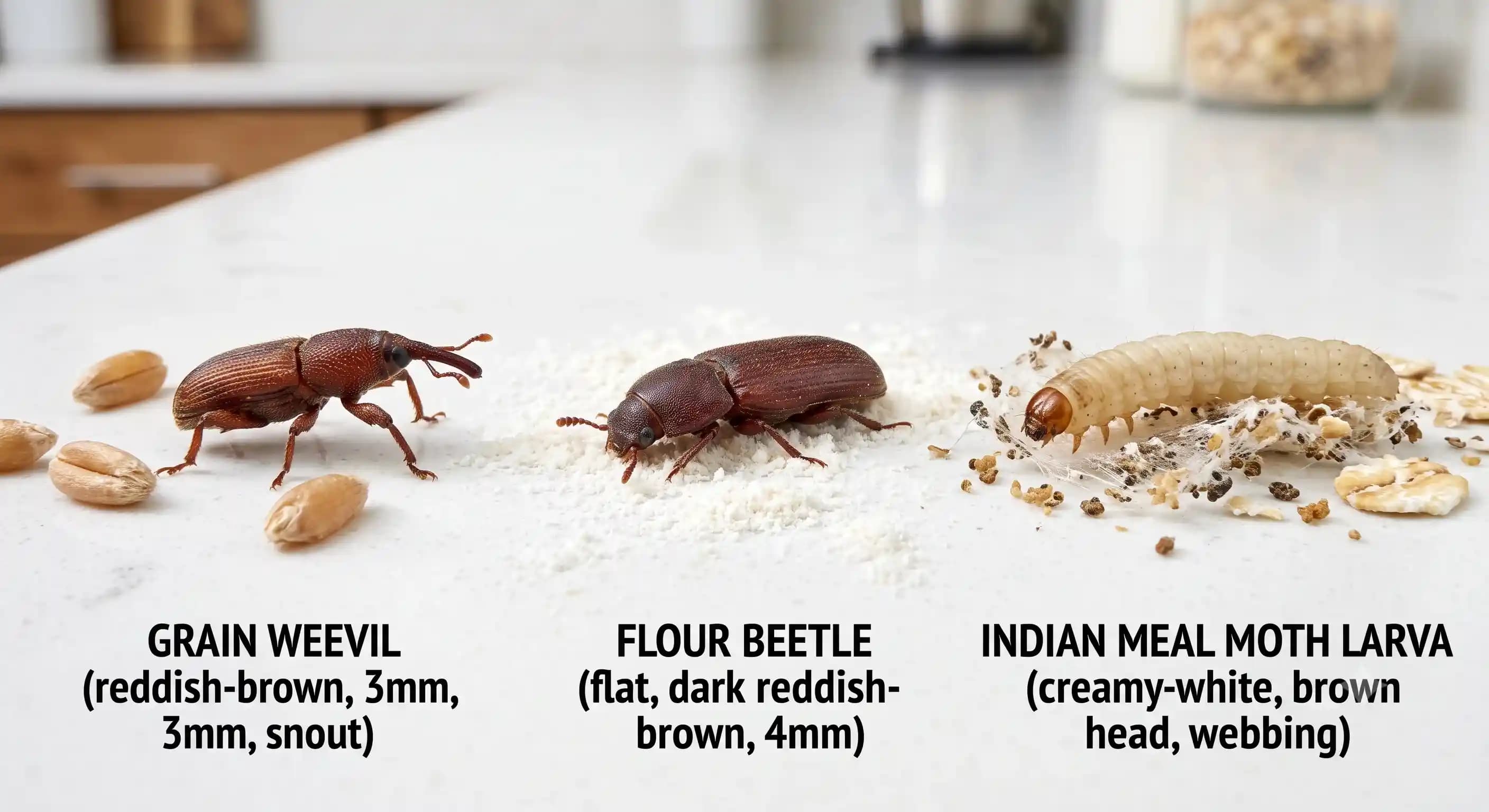 Tiny pantry bug identification chart — grain weevils, flour beetles, and Indian meal moth larvae found in kitchen cupboards