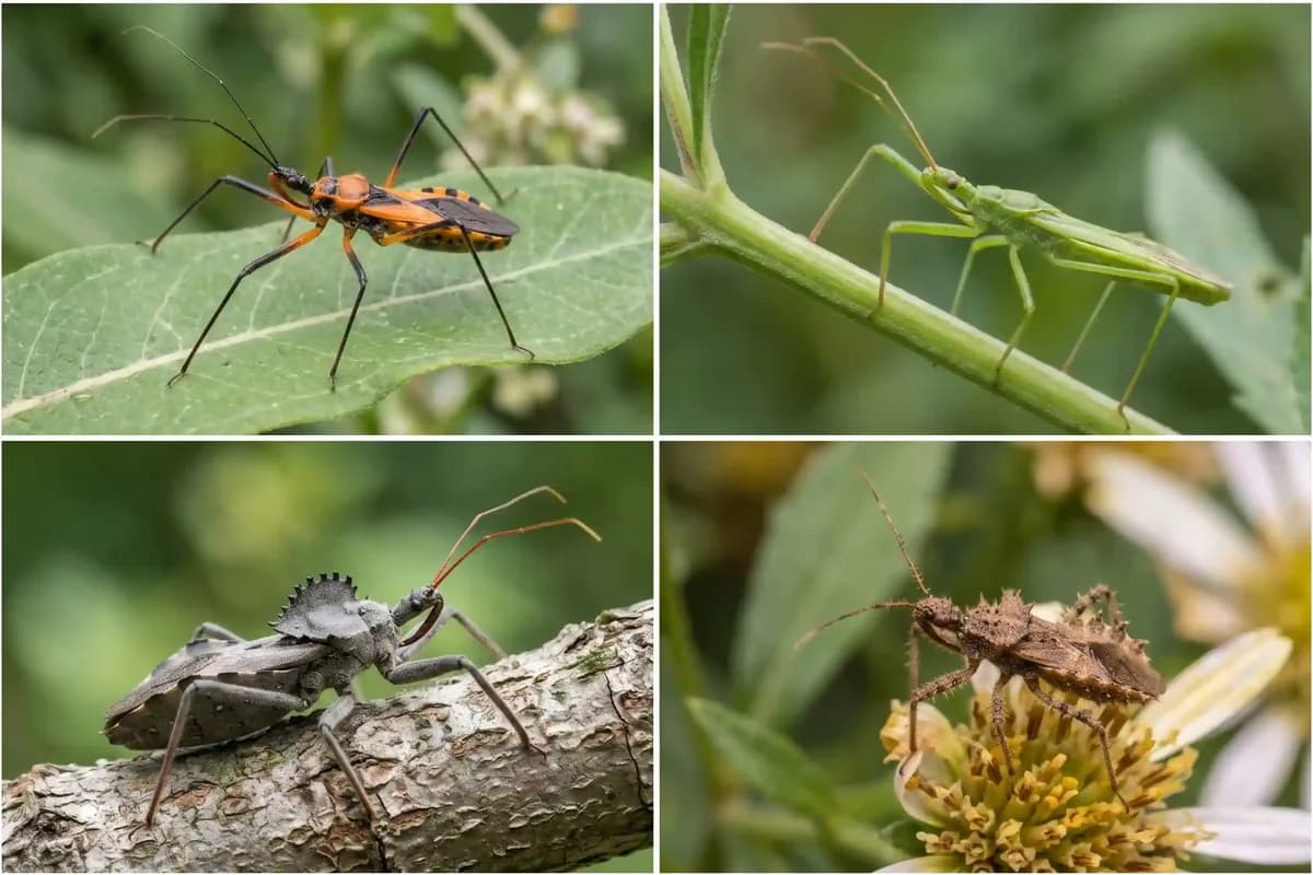 Types of assassin bugs: milkweed, pale green, wheel bug and spined assassin