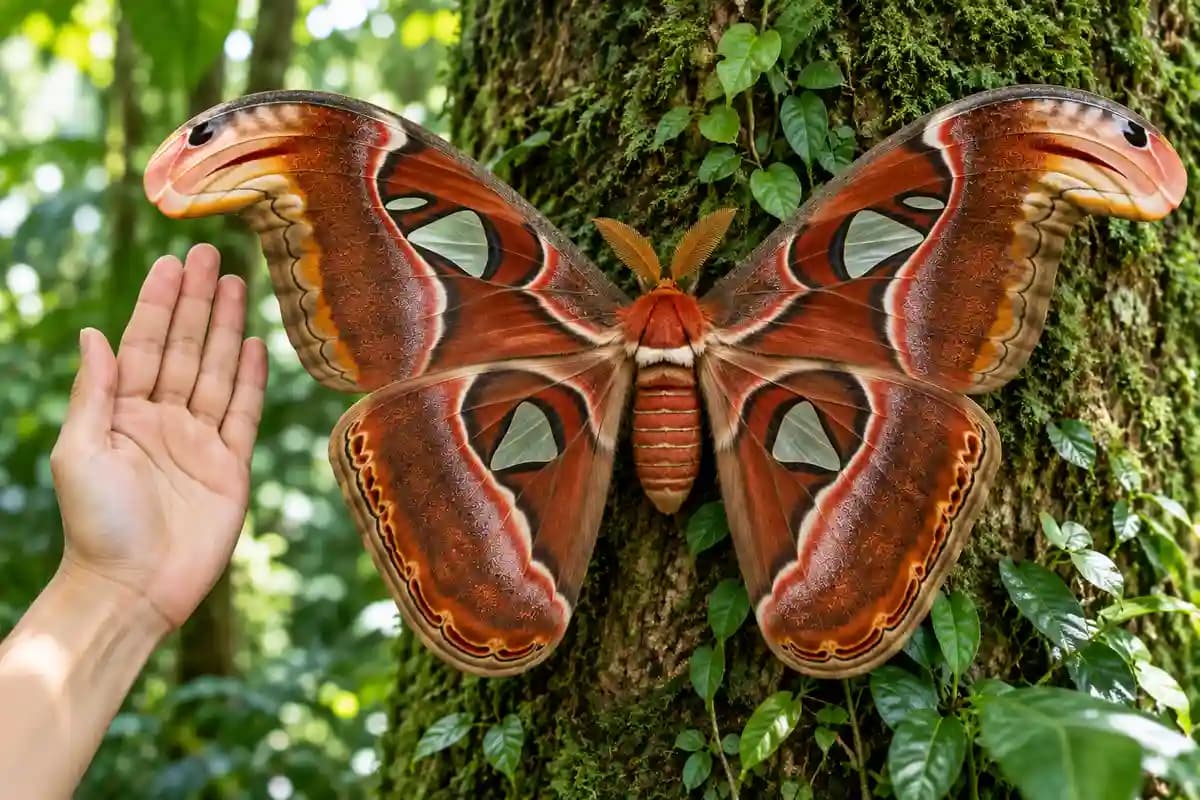 Atlas moth with fully spread reddish brown wings resting on a tree trunk next to a human hand for scale