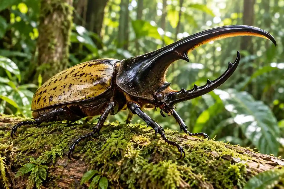 Male Hercules beetle with long curved horns on a mossy rainforest log