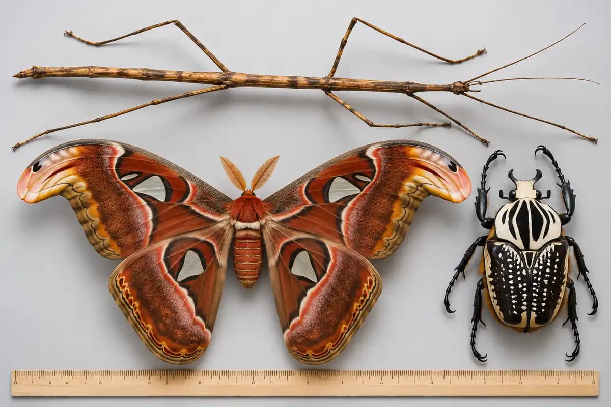 Giant stick insect, Atlas moth and Goliath beetle shown side by side to compare their size