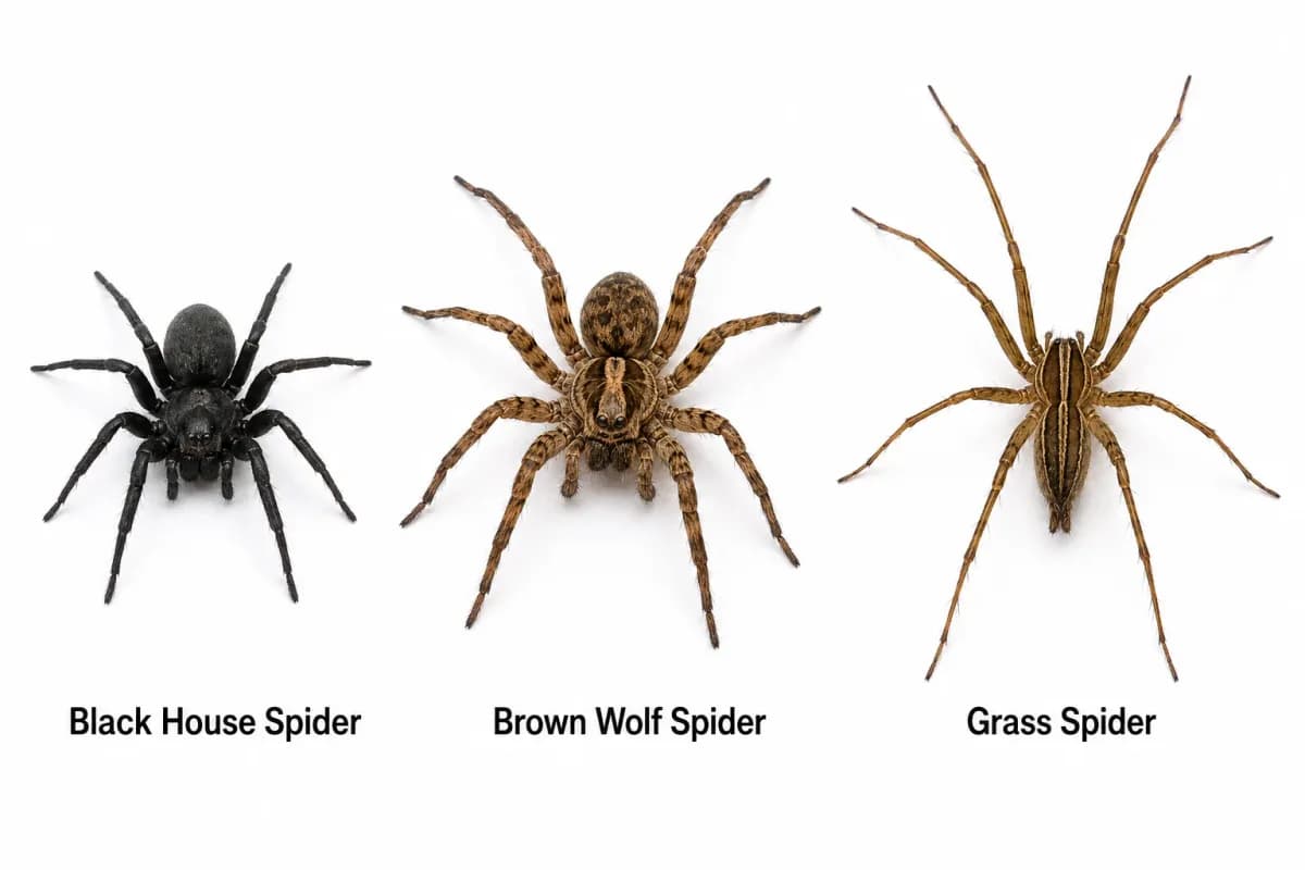 Three harmless black and brown spiders shown side by side, illustrating that not every black or brown spider is dangerous.