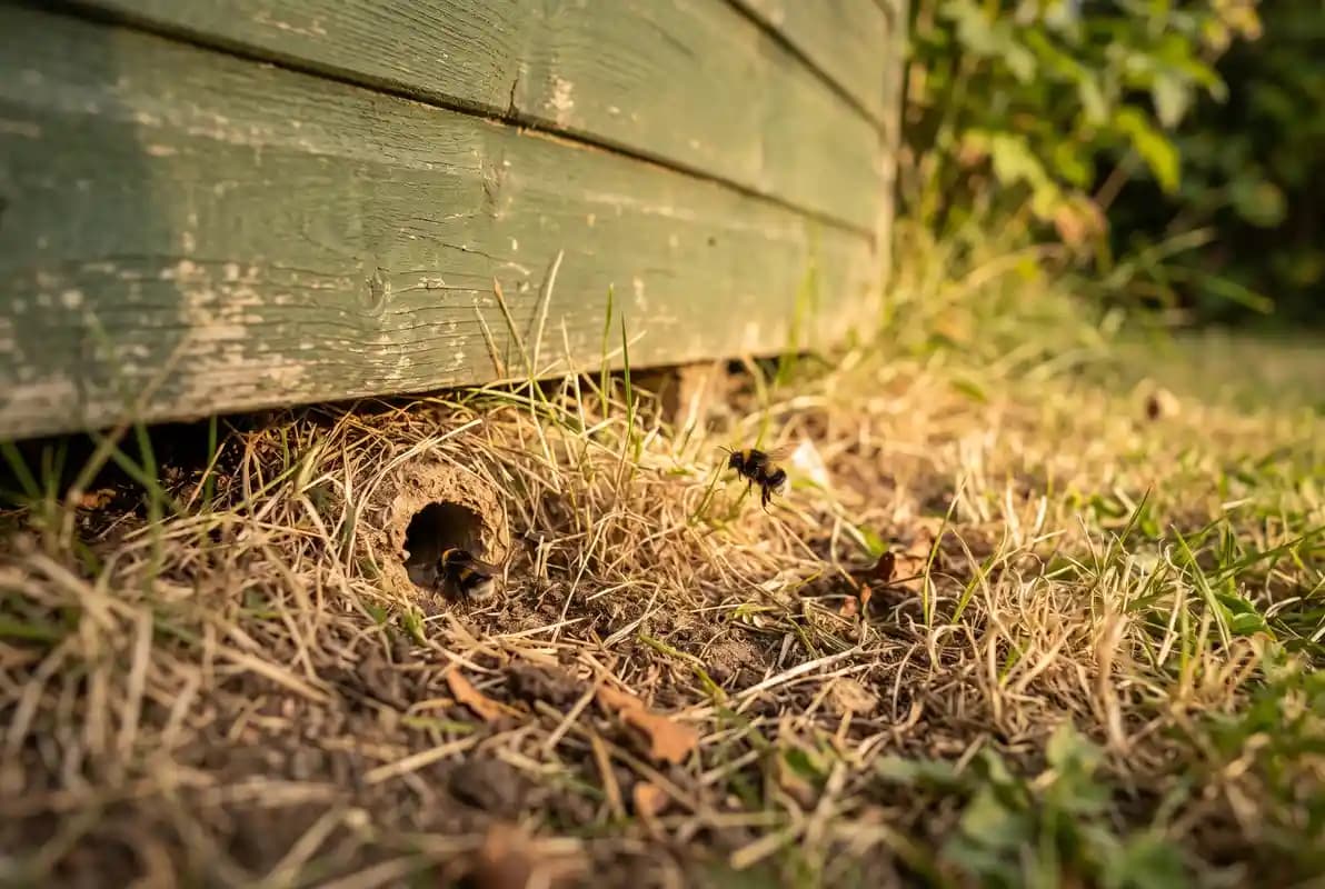 Bumblebees flying in and out of a small ground nest entrance beside a garden shed