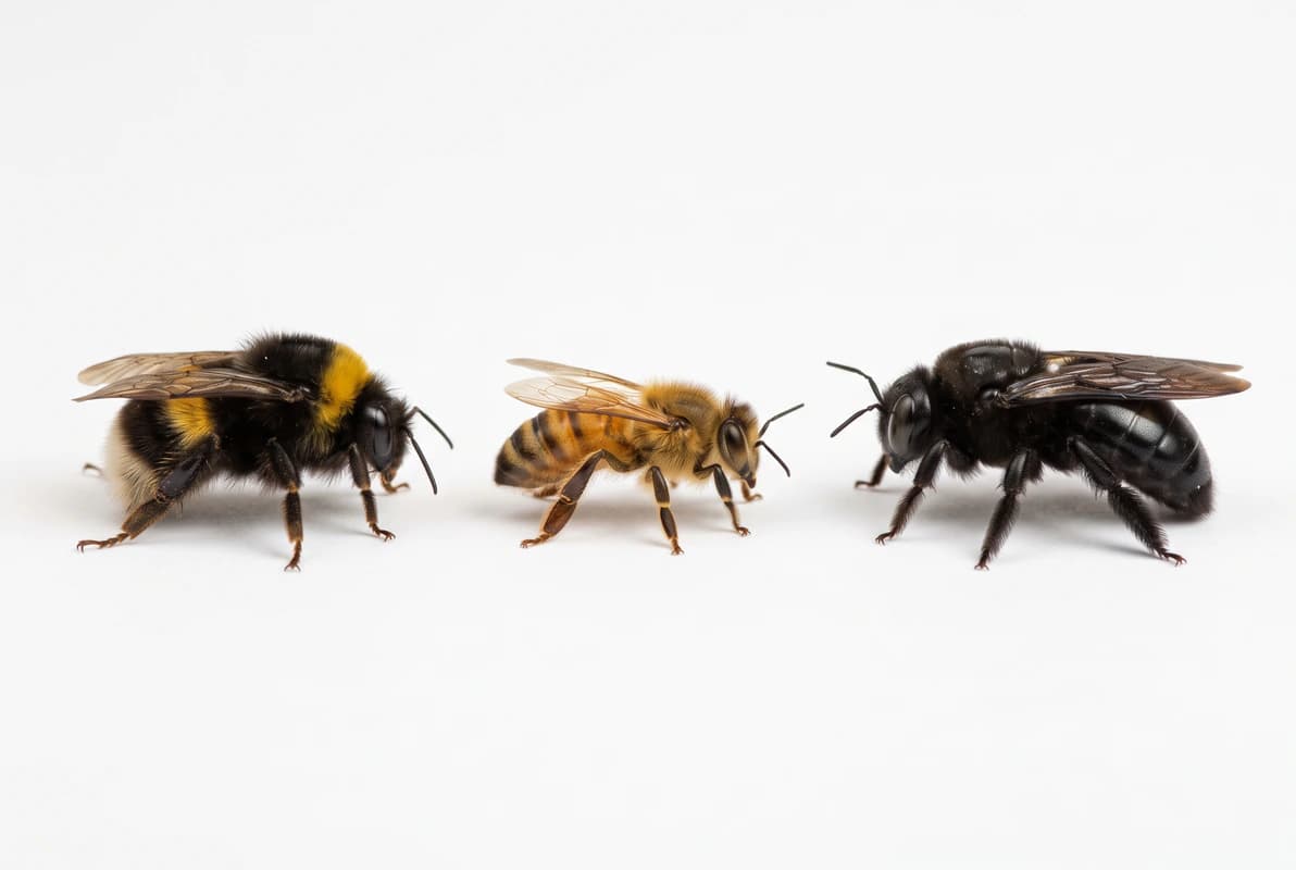 Bumblebee, honey bee and carpenter bee shown side by side for comparison