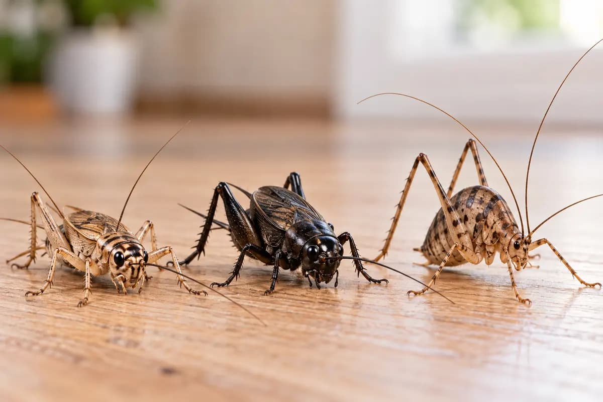 Crickets shown together on wood for comparison of color and body shape