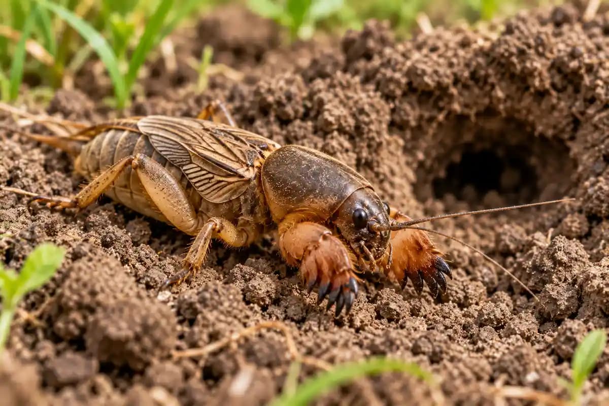 Brown mole cricket with shovel shaped front legs on loose garden soil