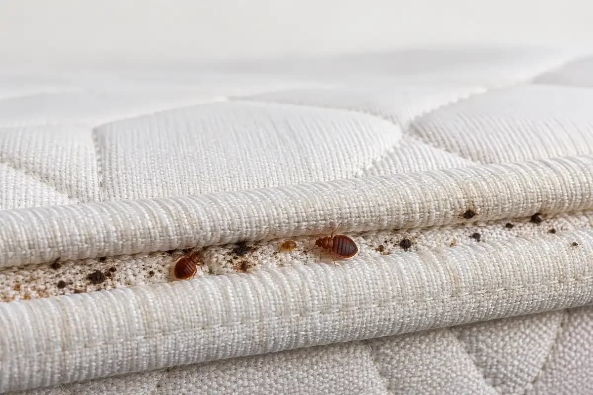 Live bed bugs and dark fecal spotting clustered along the seam of a white mattress