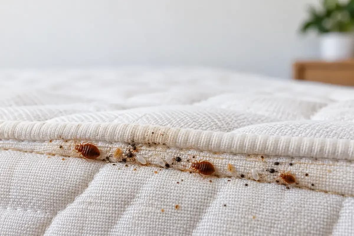 Bed bugs, pale eggs and dark fecal spots along the seam of a white quilted mattress