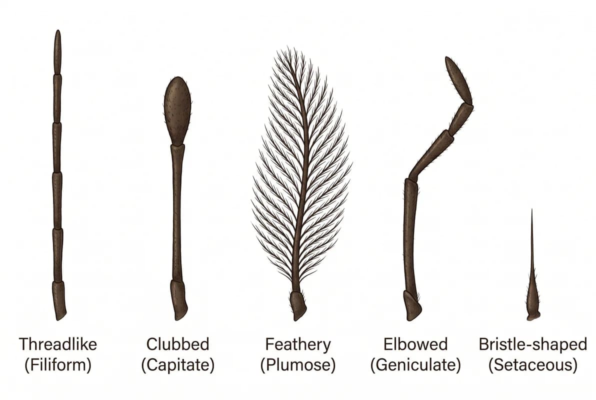 Five types of insect antennae: threadlike, clubbed, feathery, elbowed and bristle shaped