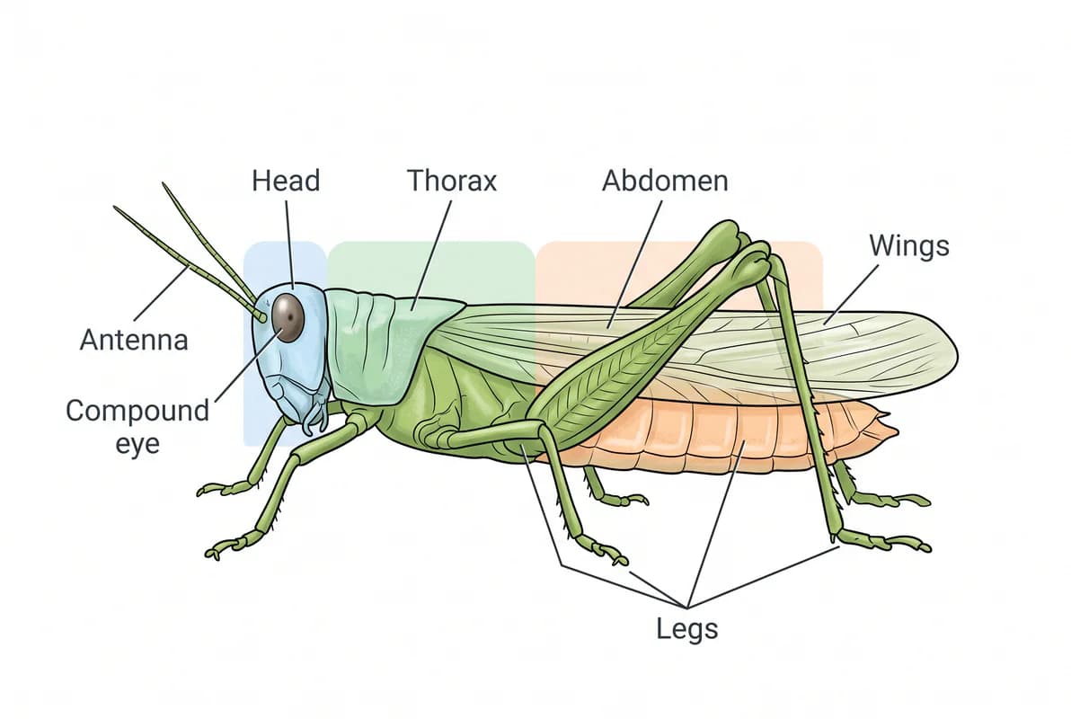 Labelled diagram of a grasshopper showing the head, thorax, abdomen, legs, wings and antennae