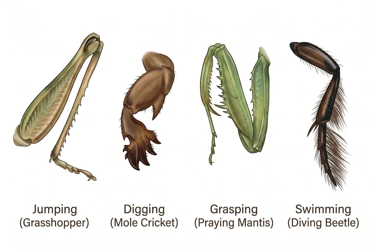 Four insect leg types: jumping, digging, grasping and swimming
