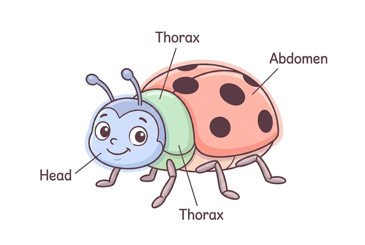 Friendly cartoon ladybug with its head, thorax and abdomen outlined for kids