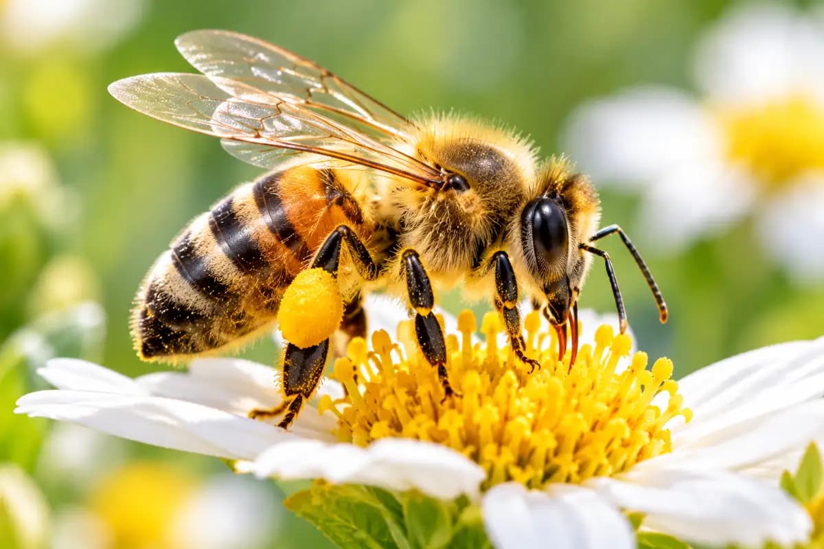Honey bee on a yellow flower showing its head, thorax, abdomen, six legs and two pairs of wings