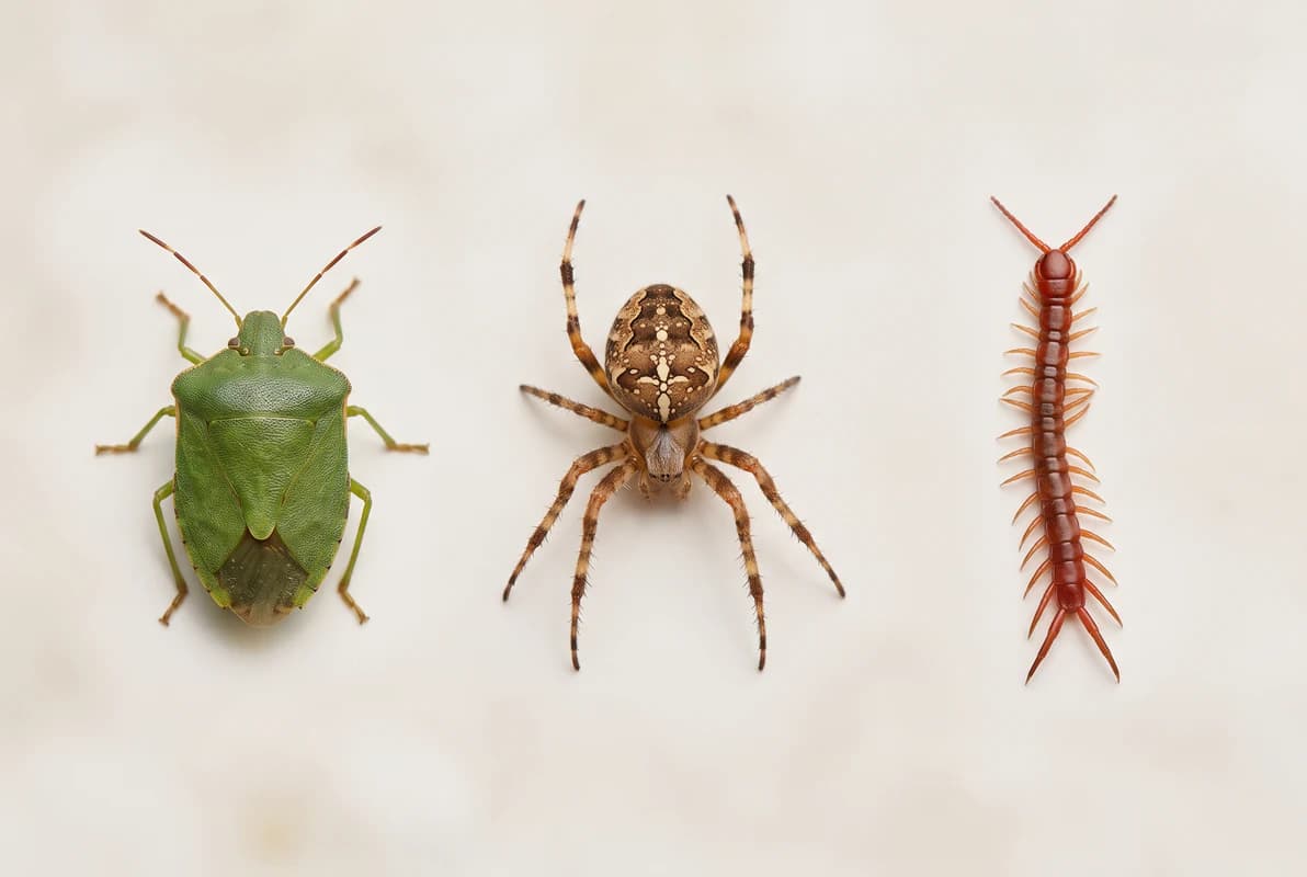 A stink bug, a spider and a centipede side by side showing six, eight and many legs