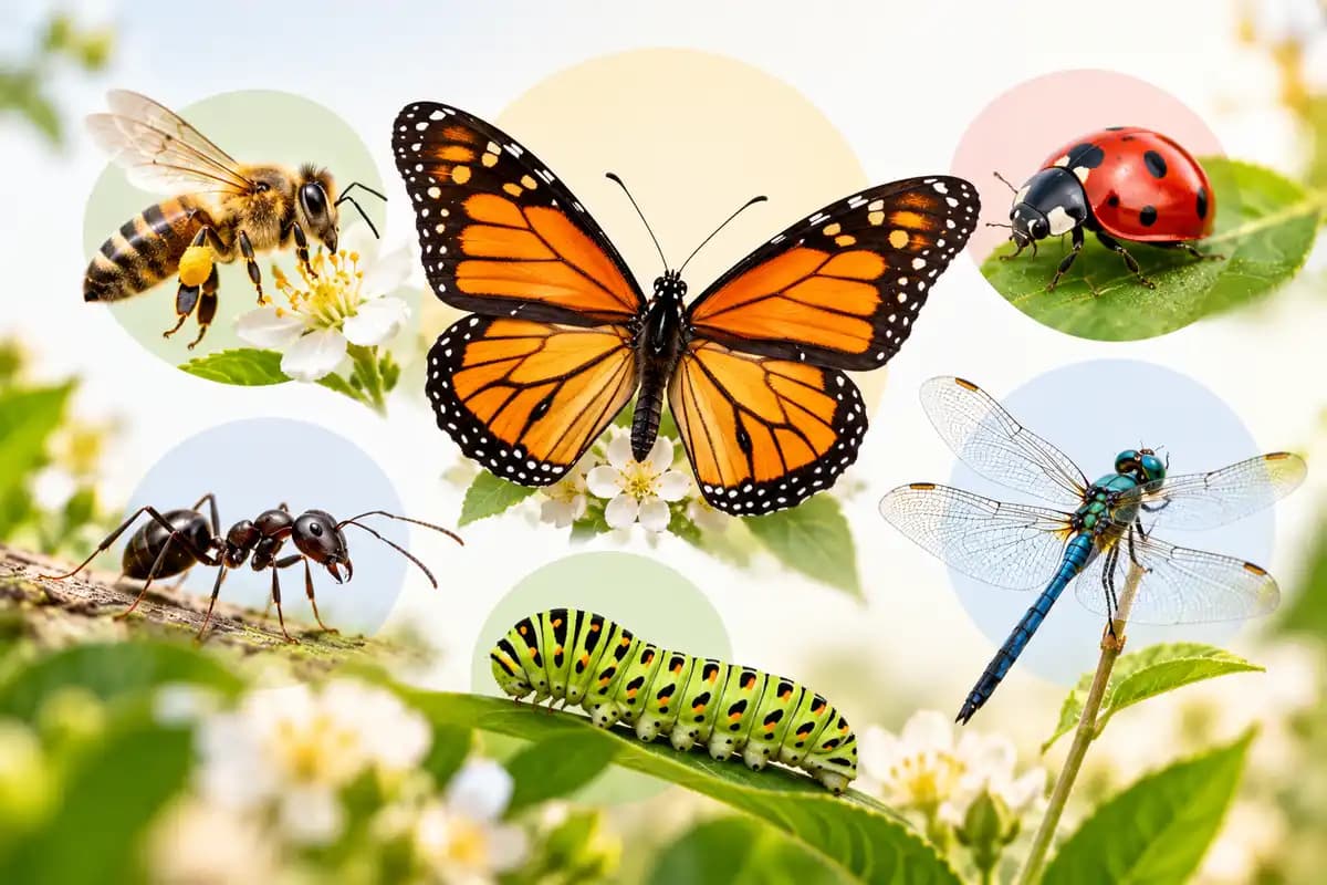 Monarch butterfly and other insects arranged in a garden collage