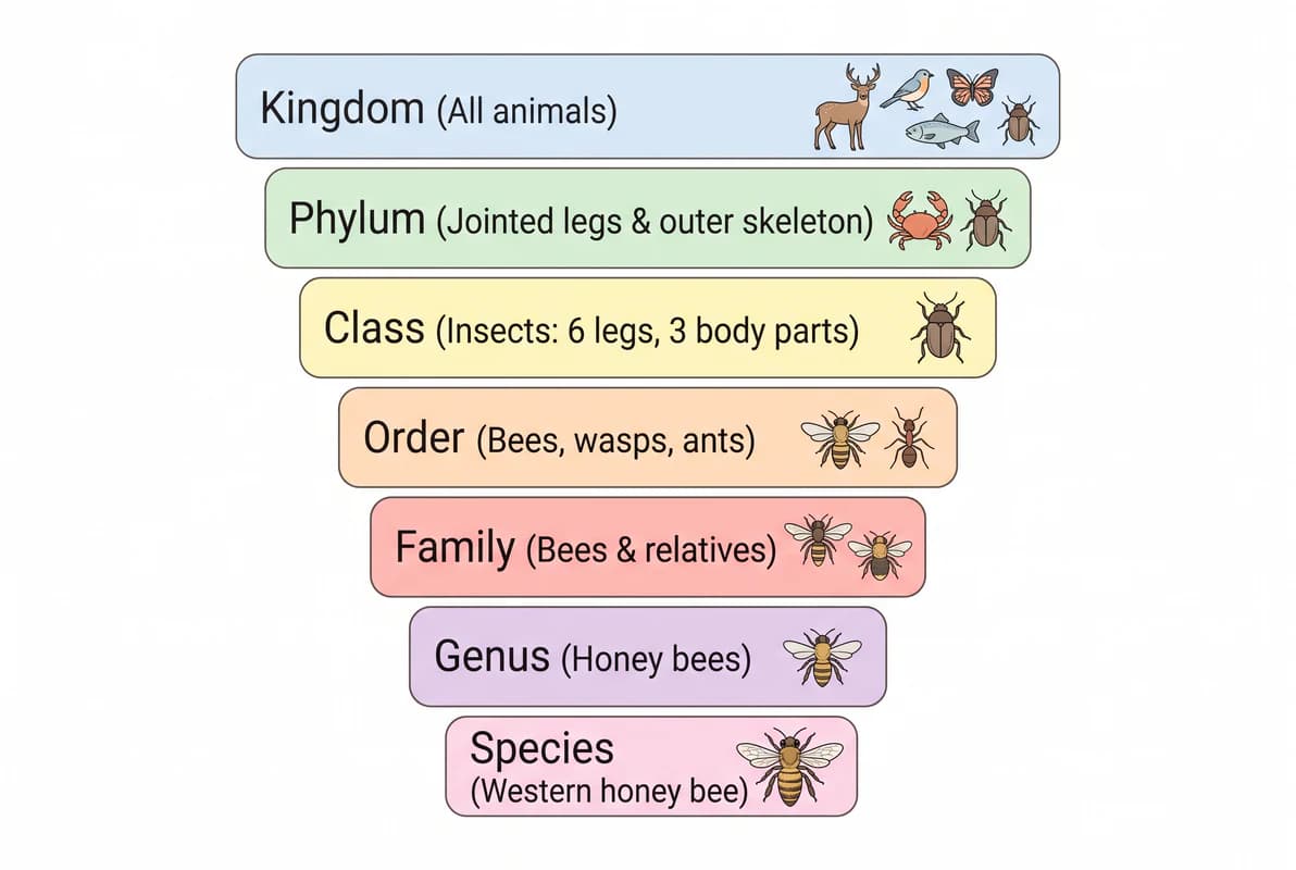 Classification ladder showing the honey bee from the animal kingdom down to its species