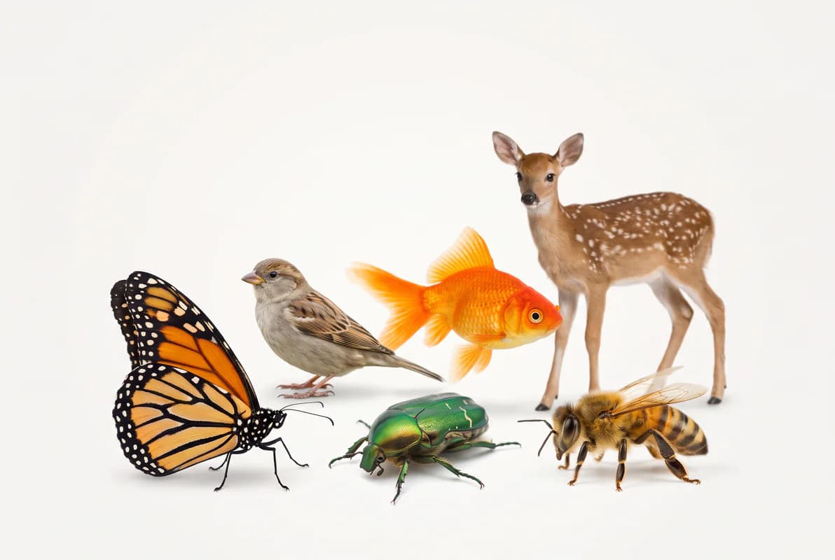 A butterfly, sparrow, goldfish, deer, beetle and bee together, showing insects among other animals