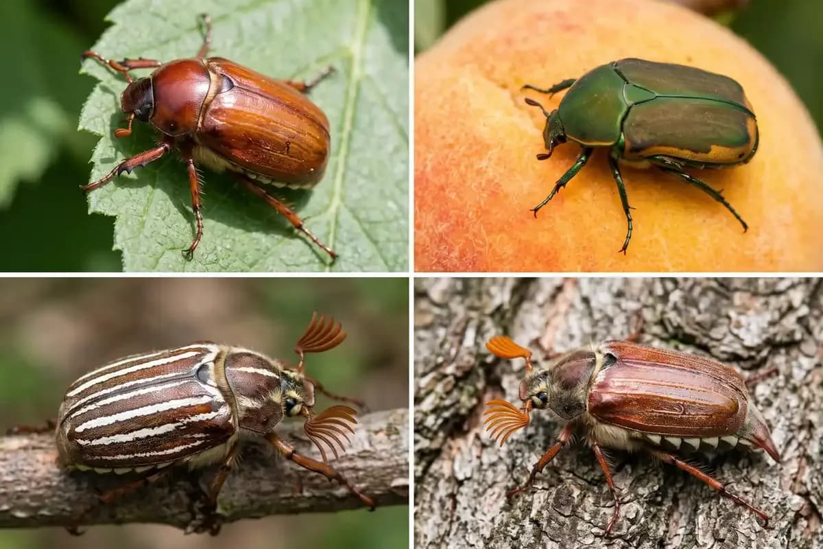 Types of June beetles: May beetle, green June beetle, ten lined June beetle and cockchafer