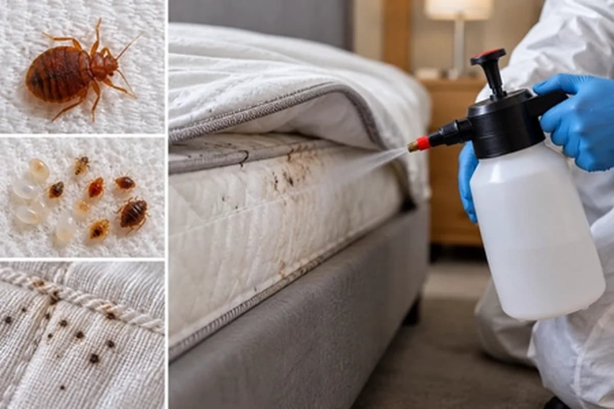 A bed bug, eggs and fecal spots beside a technician in protective gear spraying insecticide along a mattress and box spring