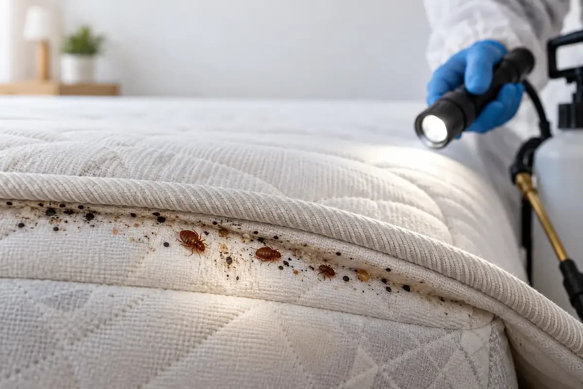 Pest control technician in protective gear inspecting a bed bug infested mattress seam with a flashlight
