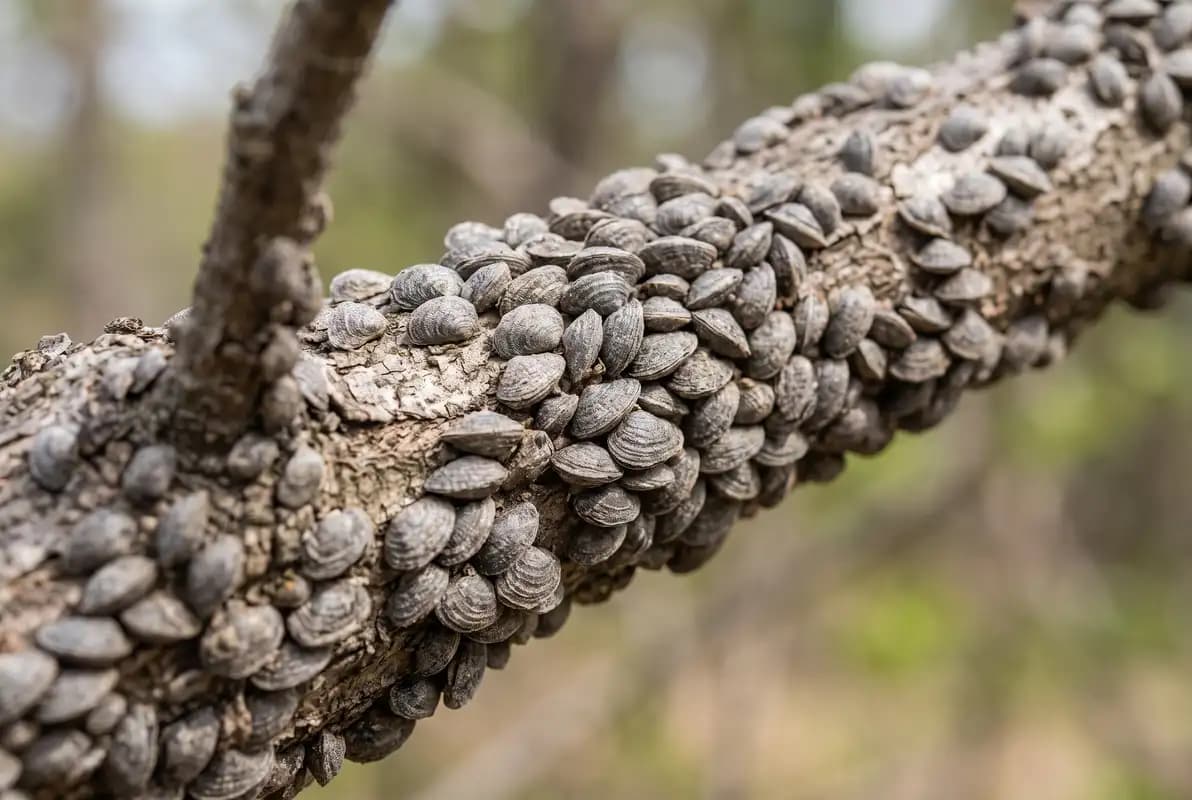Gray brown armored scale insects crowded along a tree branch