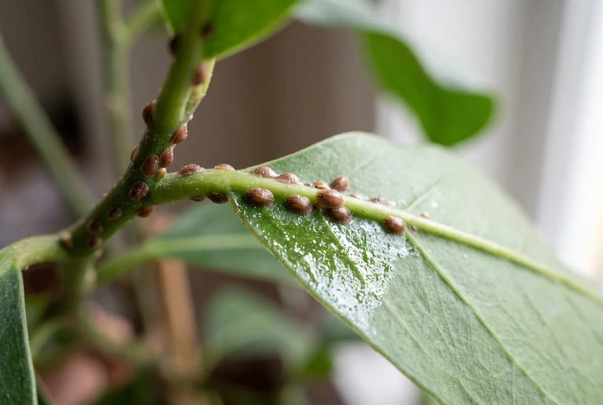 Brown scale insects clustered along a green plant stem and leaf