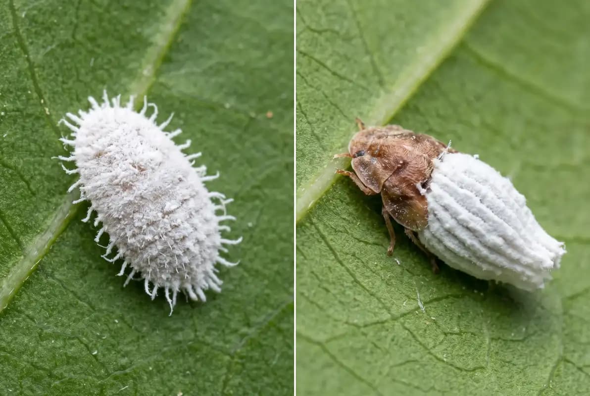 Fuzzy white mealybug with waxy threads next to a cottony scale on a leaf