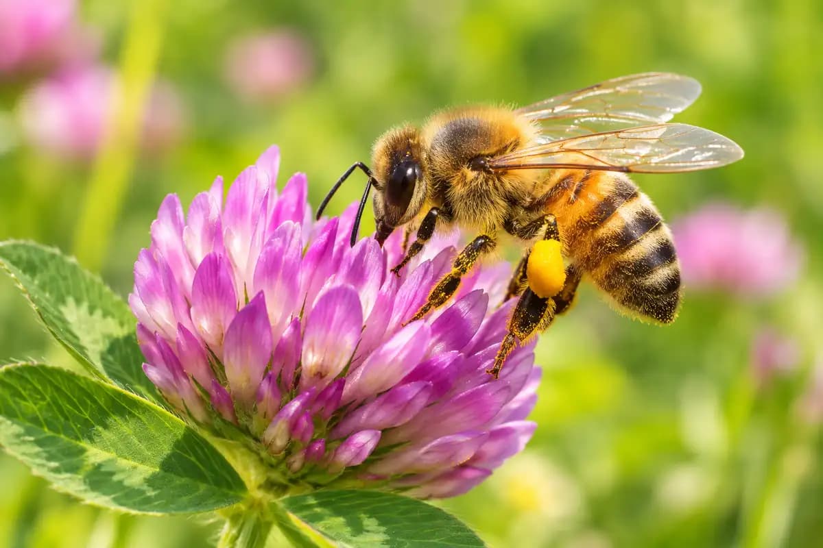 Honey bee collecting nectar from a purple clover flower in a meadow