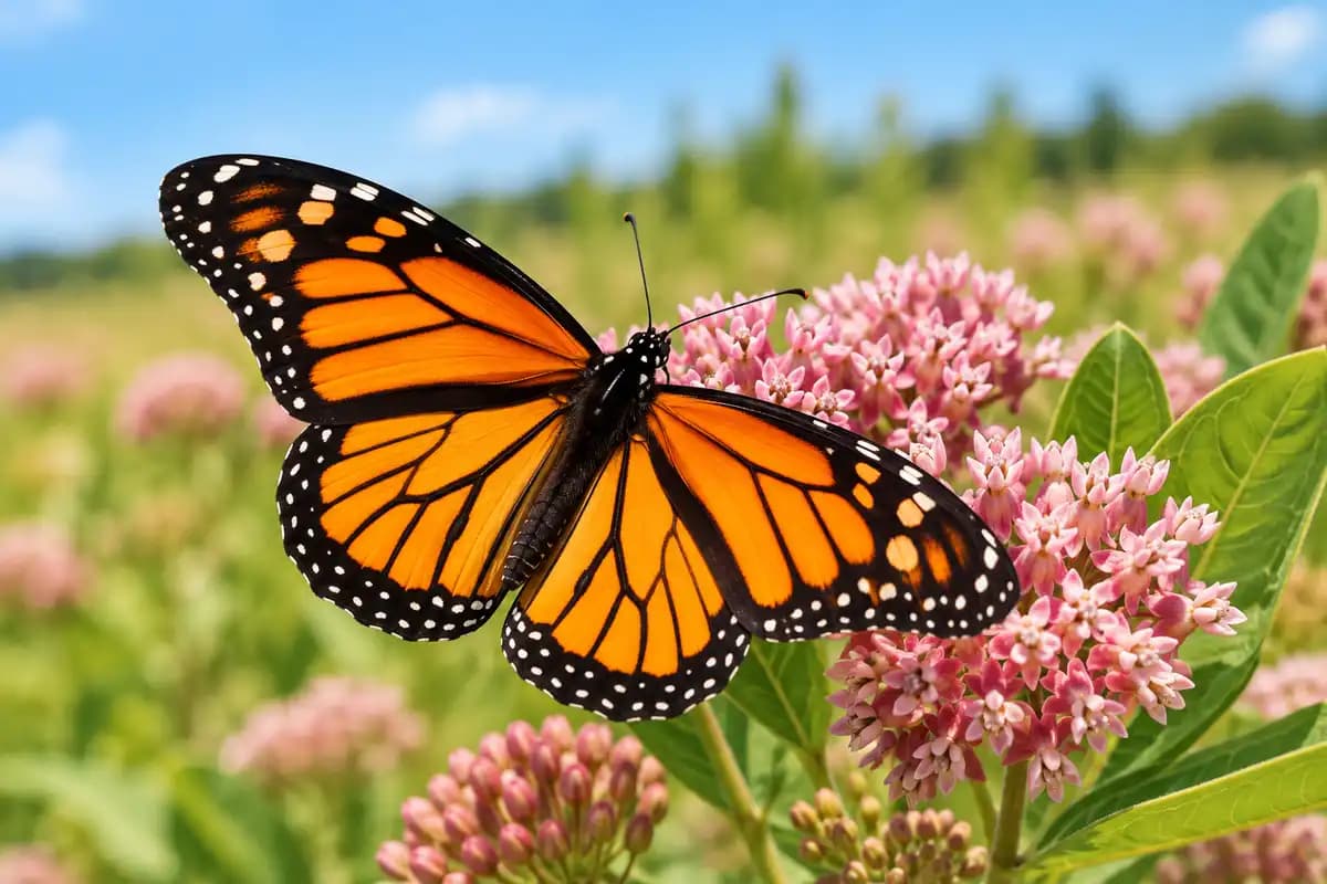Monarch butterfly with open orange and black wings feeding on pink milkweed flowers