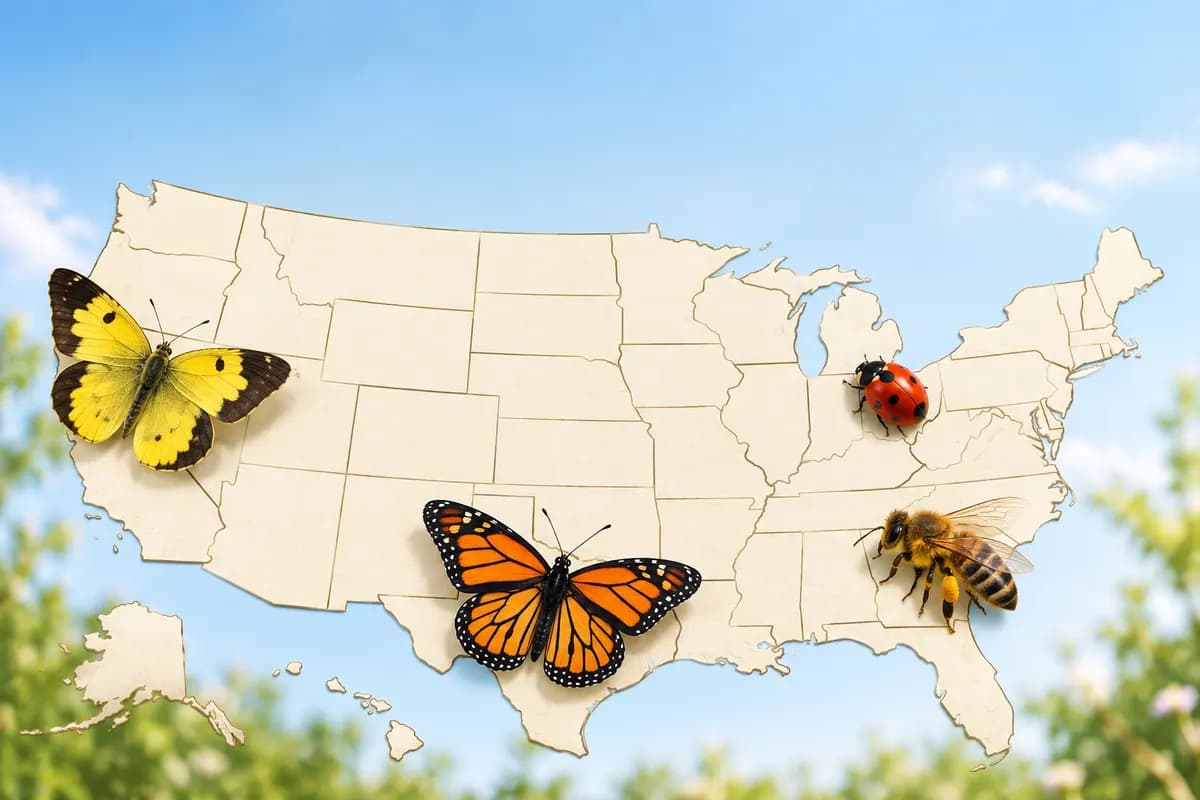 Monarch butterfly, honey bee, ladybug and California dogface butterfly arranged on a map of the United States