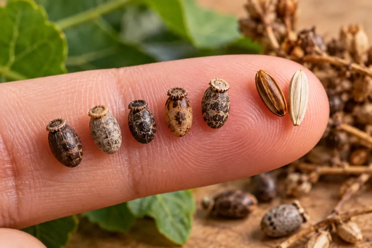 Small brown stick insect eggs that look like plant seeds resting on a fingertip
