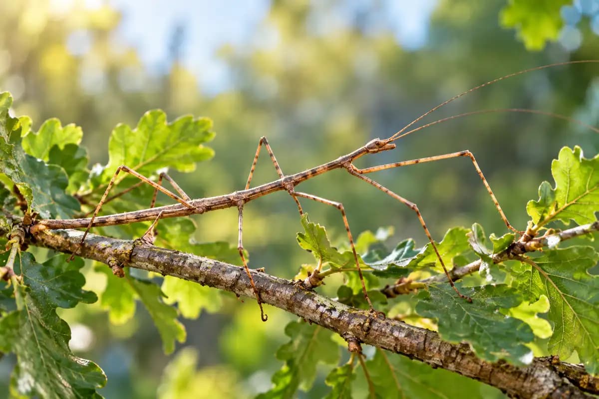 Brown walking stick insect blending in with twigs on a leafy branch