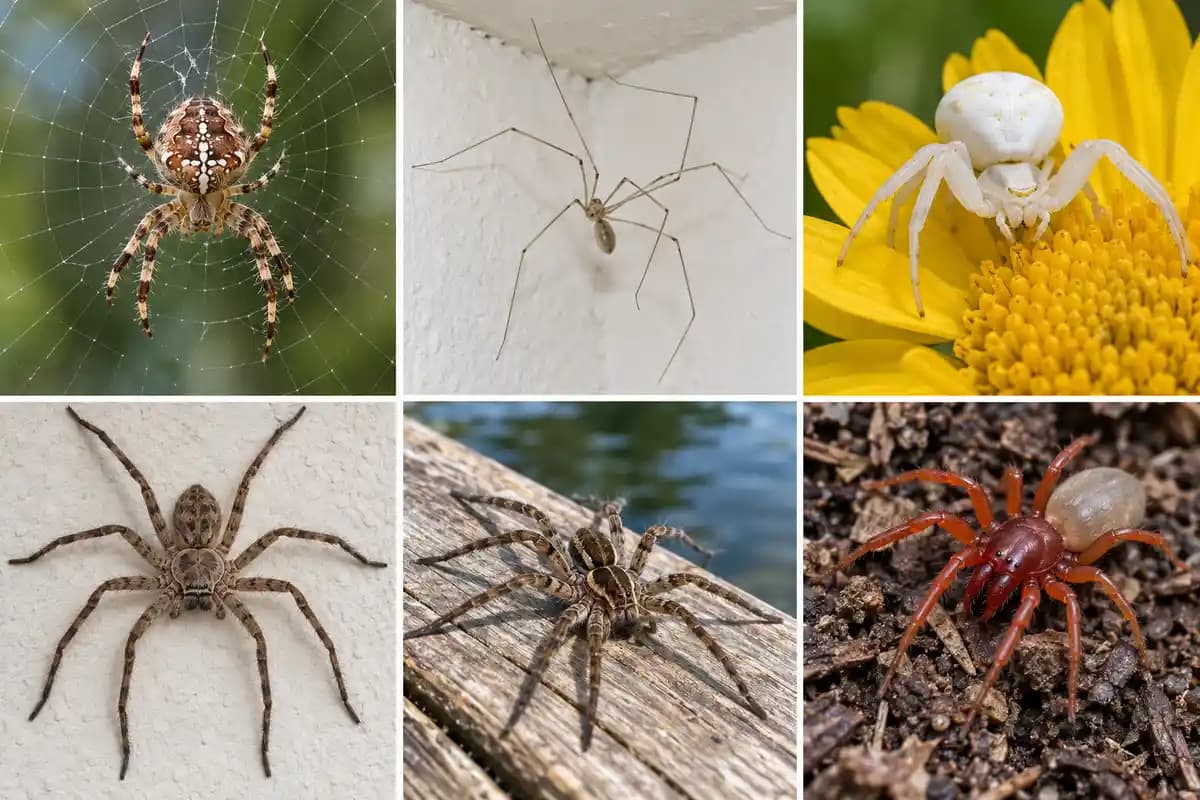 Spider pictures showing six different types: orb weaver, cellar spider, crab spider, huntsman, fishing spider and woodlouse hunter