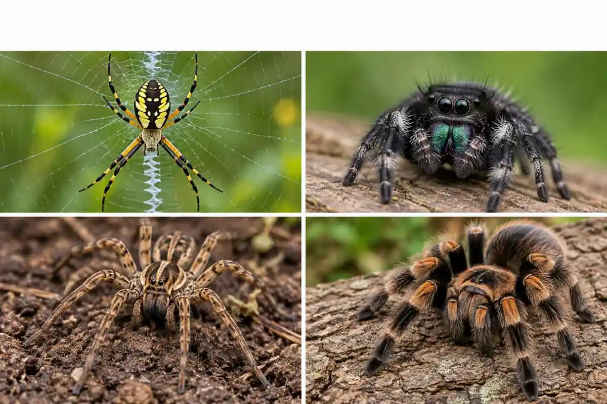 Collage of common spiders including an orb weaver, jumping spider, wolf spider and tarantula