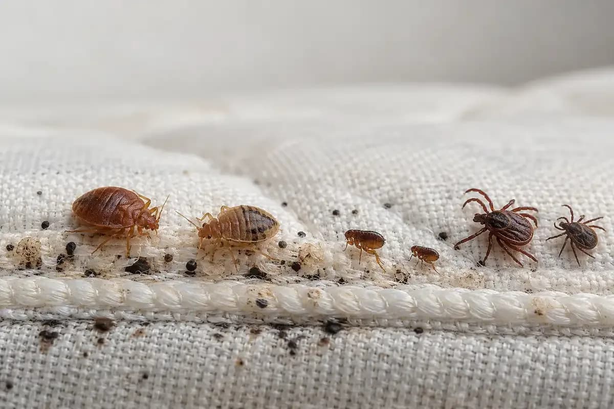 A bed bug and nymph next to fleas and ticks on a mattress, showing differences in shape and legs