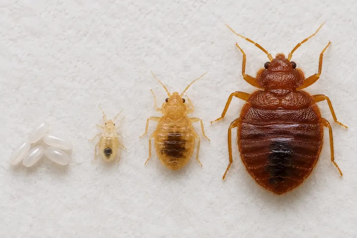 Bed bug life stages lined up by size on fabric, from pearly white eggs to pale nymphs to a reddish brown adult