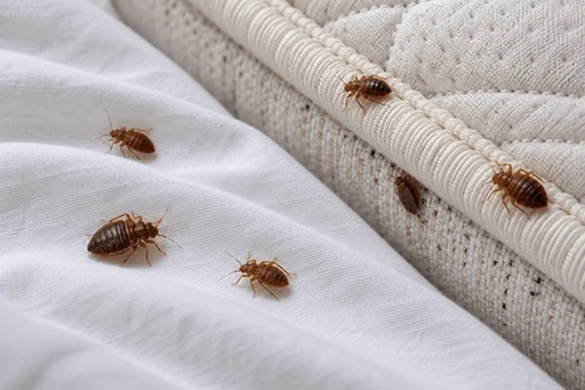 Several reddish brown bed bugs crawling on a white bedsheet beside the quilted edge of a mattress