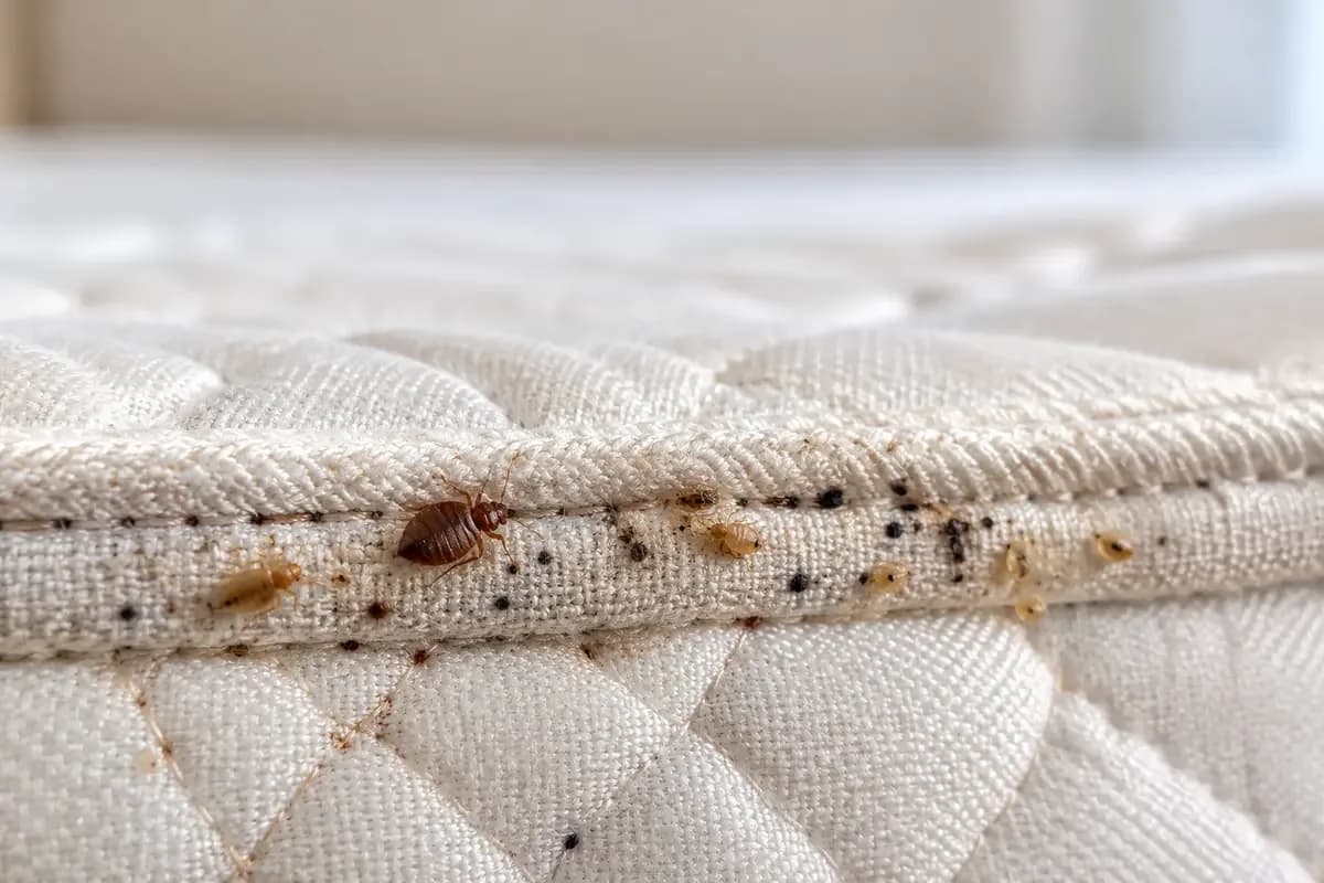 Bed bugs clustered in a mattress seam that a single contact spray cannot fully reach
