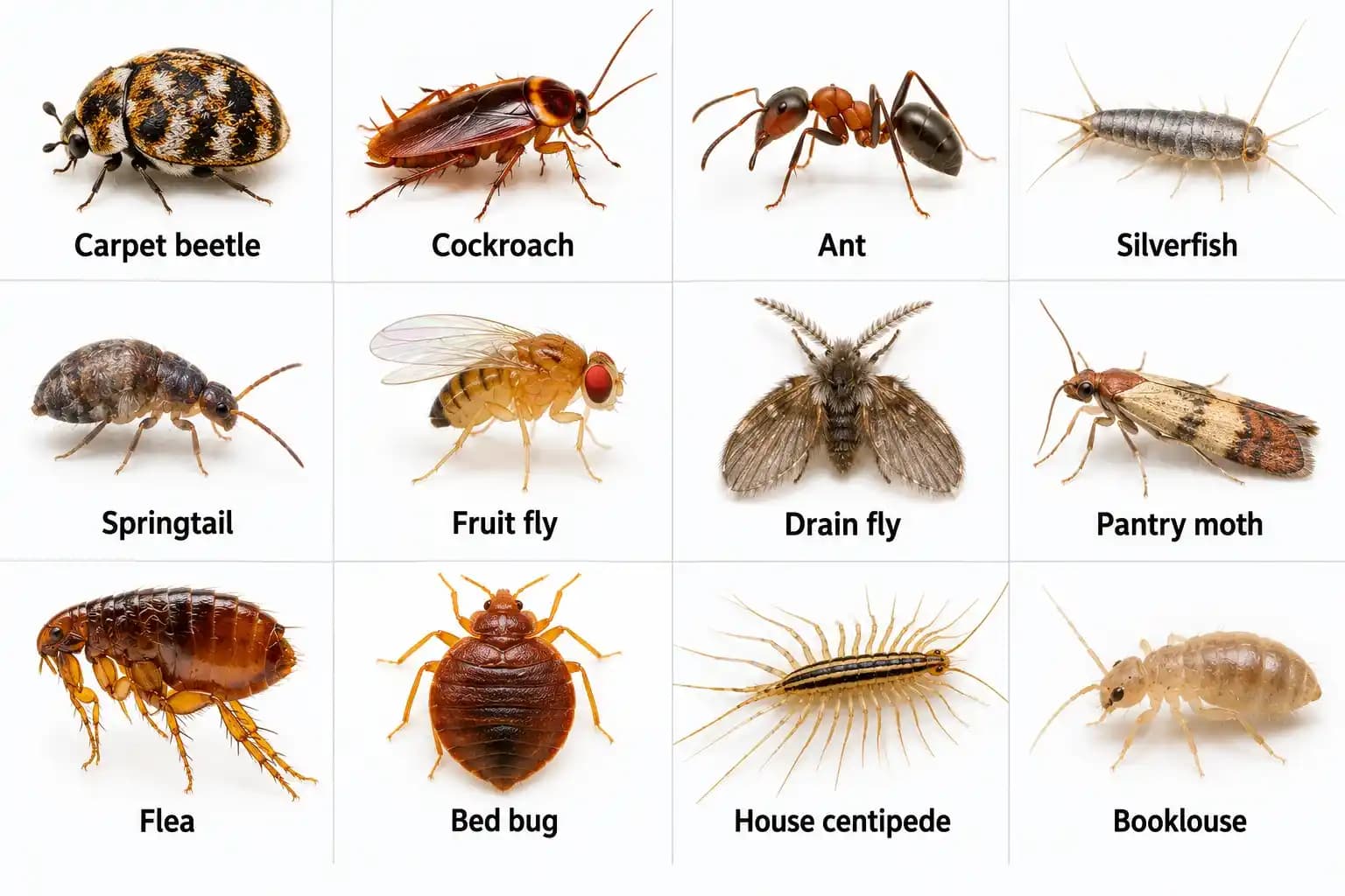 Common house bugs pictures and names: carpet beetle, cockroach, ant, silverfish, springtail and more