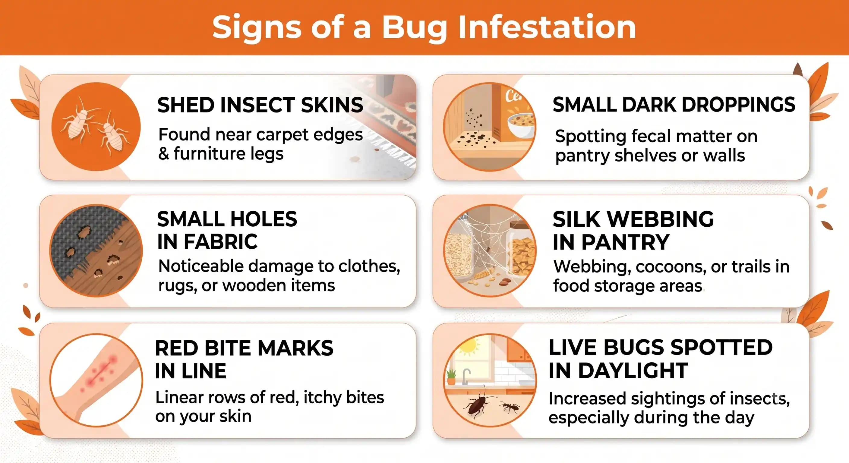 Six signs of a bug infestation — shed skins, droppings, holes in fabric, silk webbing, bite marks in a line, and bugs seen in daylight