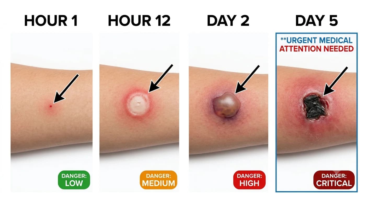 Brown recluse spider bite progression over 5 days — from a small red mark at hour 1 to a necrotic wound requiring urgent medical attention by day 5
