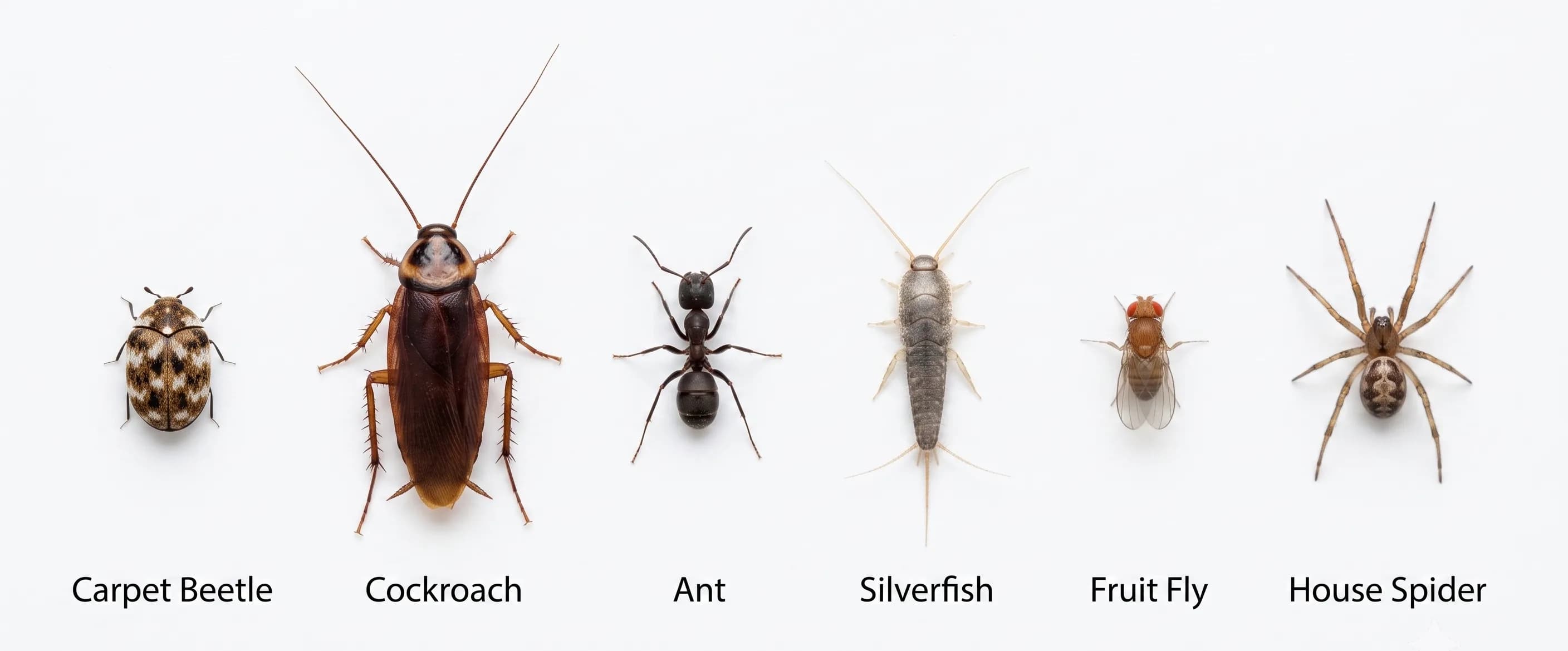 Common types of household bugs compared side by side — carpet beetle, cockroach, ant, silverfish, fruit fly, and house spider