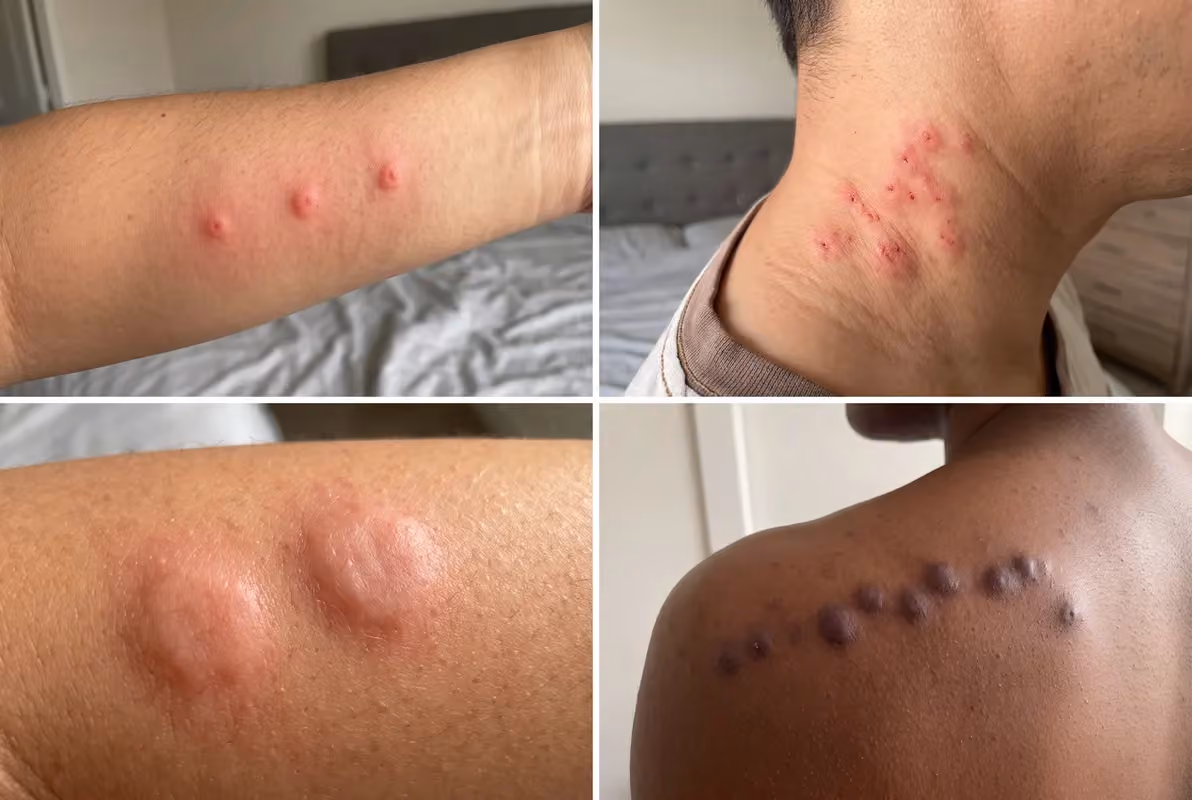 Bed bug bites on skin Bed bug bites pictures: a line of bites on an arm, a cluster on the neck, a close up and bites on dark skin