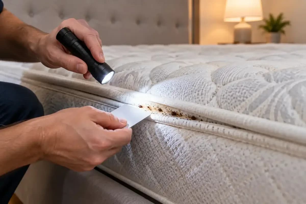 Hands using a flashlight and a plastic card to check a mattress seam for bed bugs