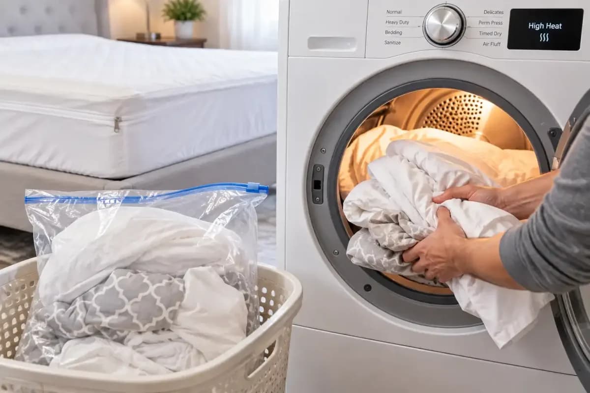 Bedding moved from a sealed bag into a hot dryer, with a mattress encasement in the background