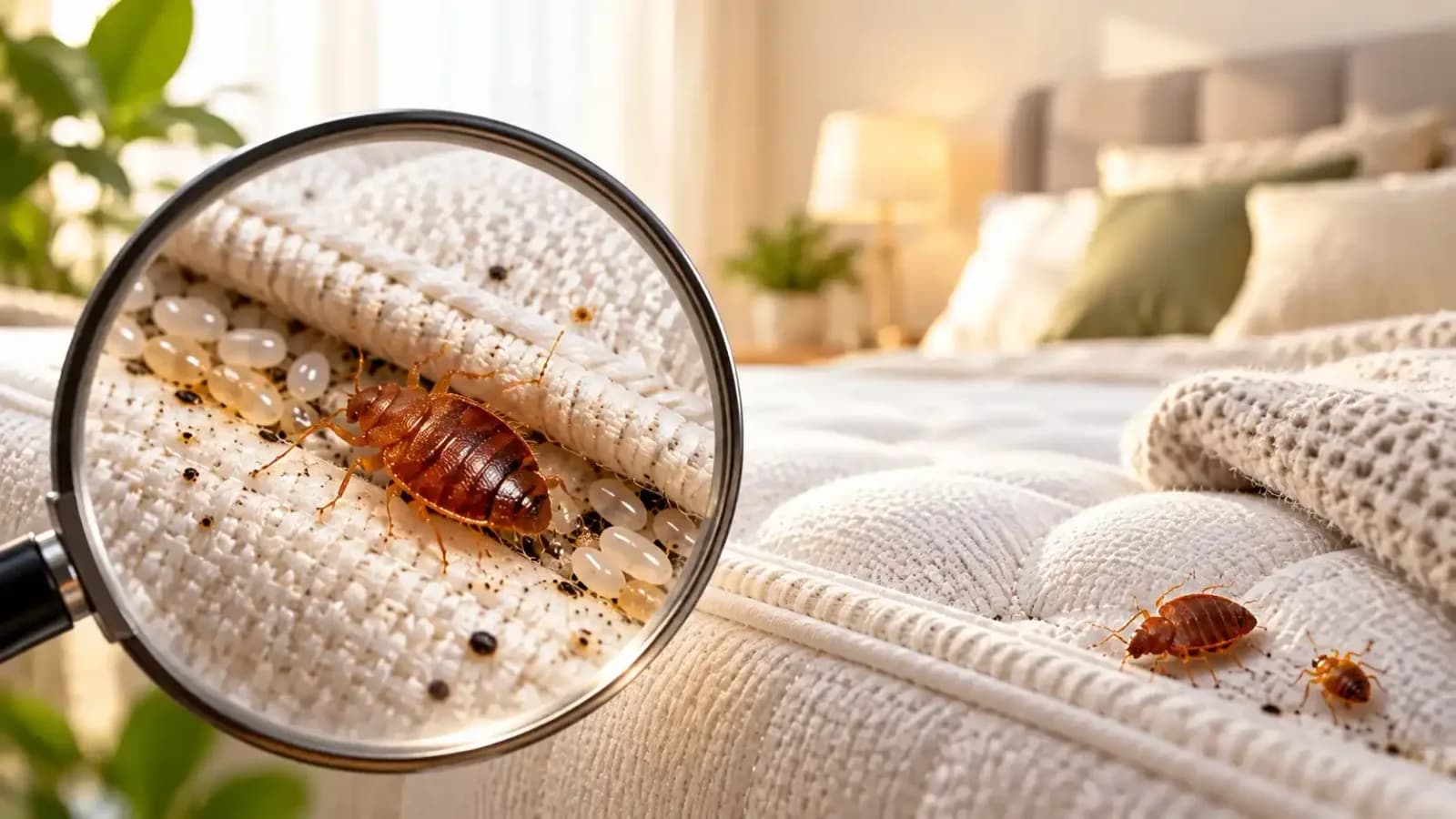 Magnified bed bug on a mattress seam in a softly lit bedroom