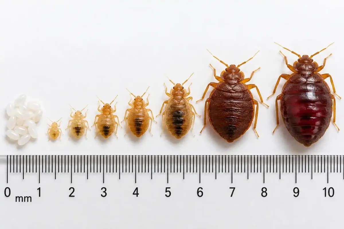 Bed bug life stages from egg to nymphs to unfed and fed adults beside a millimeter ruler